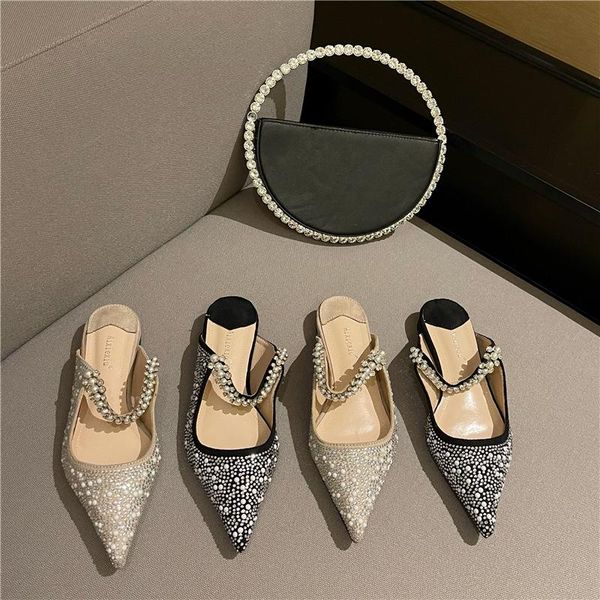 

slippers chic pointed toe string bead mules women summer shoes woman mary janes flat cover pearl slides sandalias mujer 2021, Black