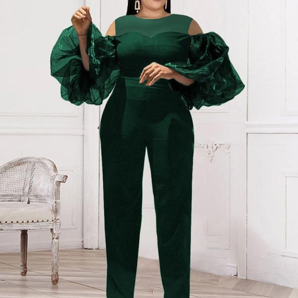 

plus size pants rompers jumpsuit women 3xl mesh patchwork puff long sleeve autumn casual elegance high waist overalls 2021, Black