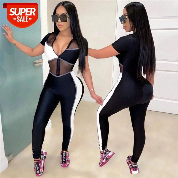 

hirigin mesh sheer see through patchwork jumpsuit 2021 women long sleeve deep v-neck front zipper romper club streetwear #er1u, White