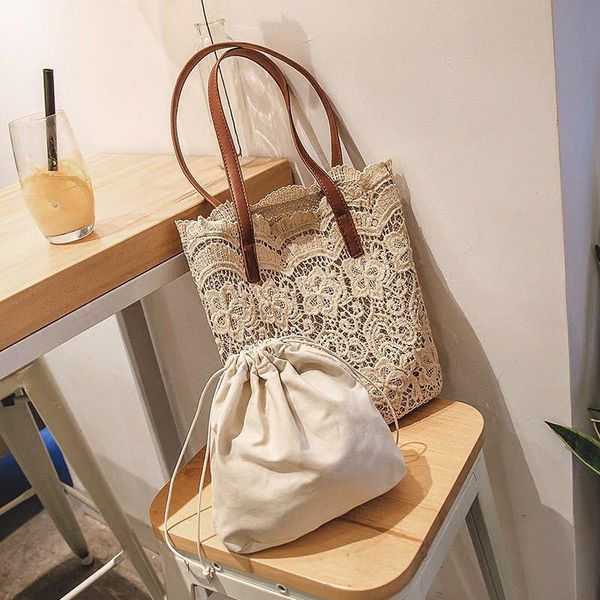 

evening bags 2021 summer 2 pcs/sets chic girl lace shoulder bag women handbag female tote big capacity foldable travel beach