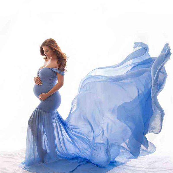 Langes Umstandsfotografie-Requisiten-Schwangerschaftskleid für Fotoshootings, schulterfreies schwangeres Kleid für Frauen, Maxi-Umstandskleid AA220309