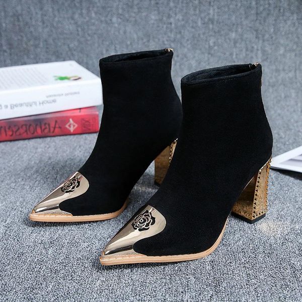 

boots metal pointed short boot women's fall winter 2021 thick heel high with back zipper, Black