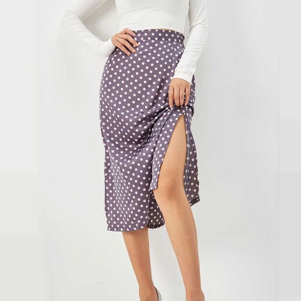 

summer silk midi skirts womens korean england style satin office lady simple dot elegant faldas mujer moda long 210531, Black