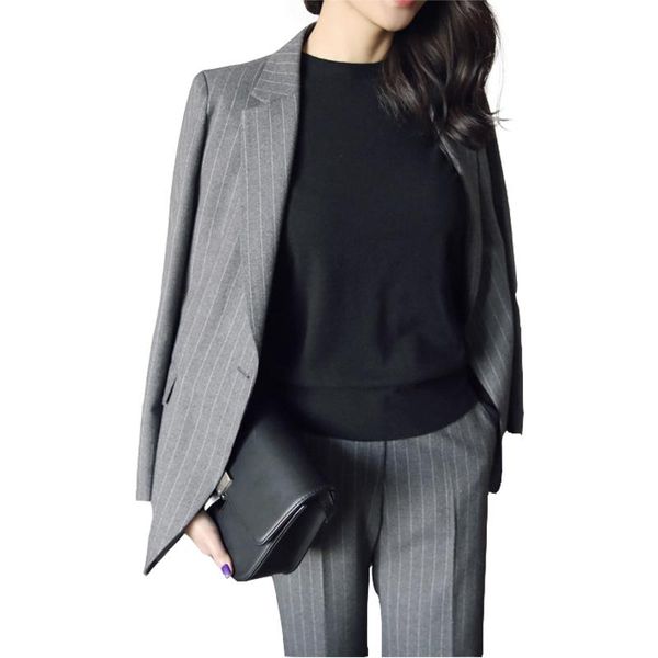 

women's suits & blazers 2021 high end work fashion pant 2 piece set for women striped blazer jacket trouser office lady suit feminino, White;black