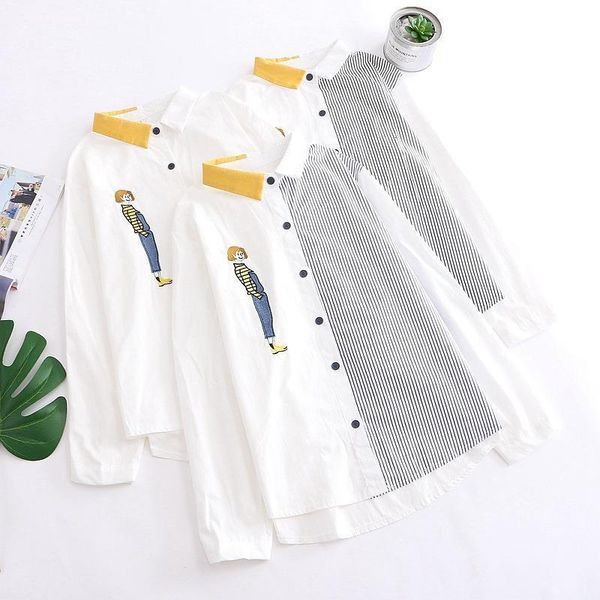 

h.sa women blouse and long sleeve patchwork neck striped shirts long sleeve button up casual street spring cute shirts, White