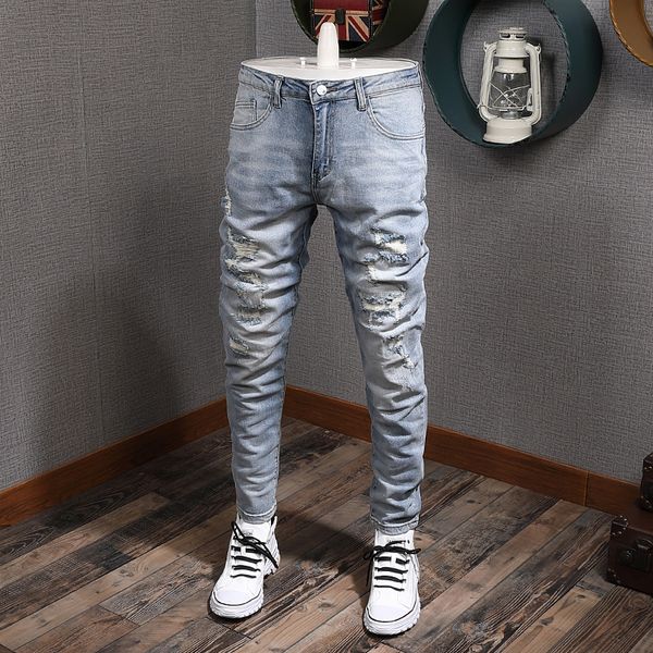 

2021 new korean style fashion designer men jeans light blue destroyed ripped denim pencil pants streetwear elastic trouser k4ok