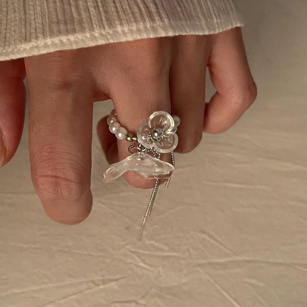 

wedding rings fashion clear resin flower for women sweet silver color faux pearls beaded chains floral c shape asjusting open ring gift, Slivery;golden