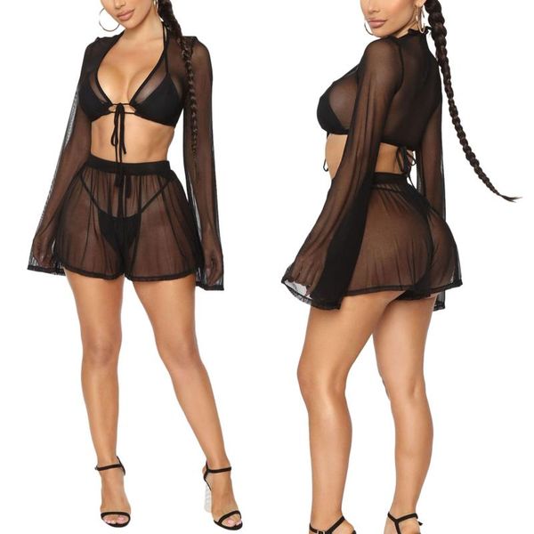 

women's swimwear 2pcs women cover-ups set tulle midriff-baring lace-up smock+perspective shorts (not include underwear and panties), White;black