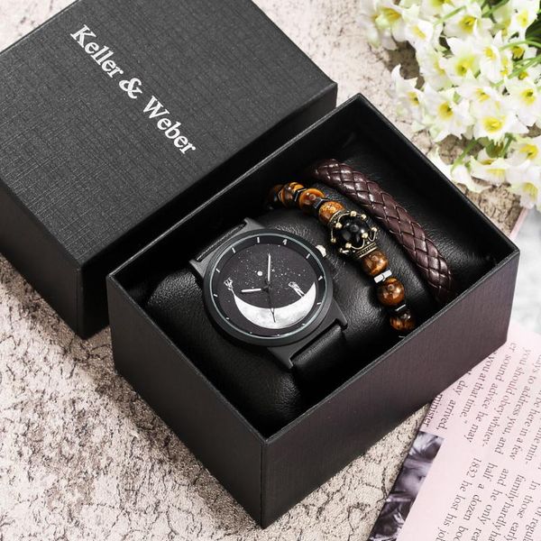 

wristwatches fashion men's quartz watch set leather belt simple spaceman watches for men series gift, Slivery;brown
