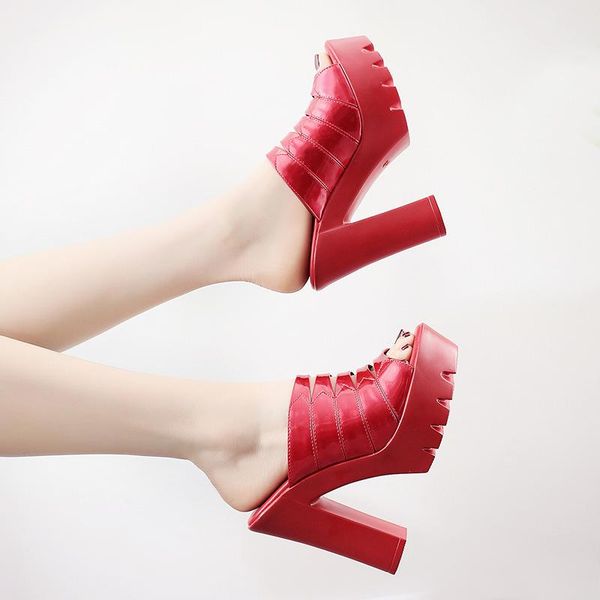 

slippers fashion flip flop 13cm crude with super high heel patent leather sandals and large small size womens 32,33,43, Black