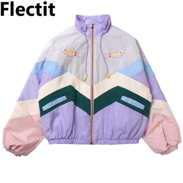 

flectit women pastel bomber jacket cute embroidery color block duster souvenir sukajan japanese girls harajuku style * 211014, Black;brown
