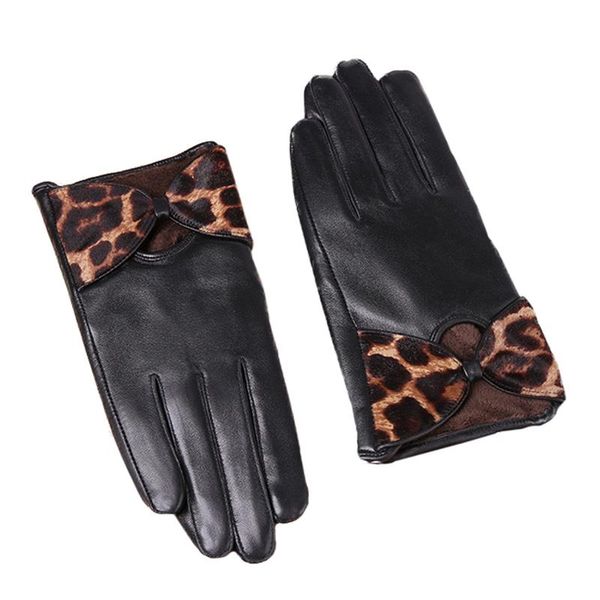

five fingers gloves black leopard genuine sheepskin leather women windproof thermal fashion bow glove winter warm mittens s2337, Blue;gray
