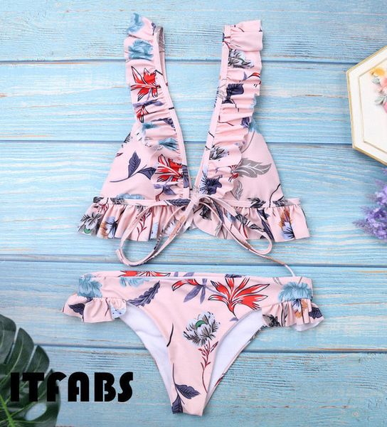 

women ruches flowers printed bikini set push-up bh bandage beachwear badpak swimming, White;black