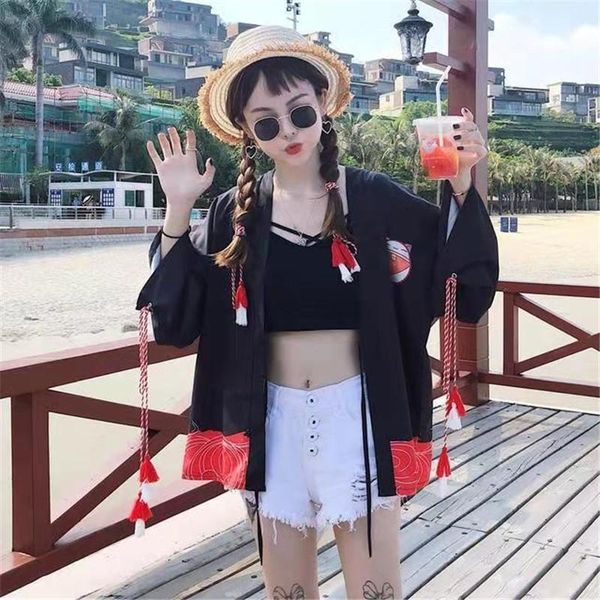 

women's blouses & shirts 2021 summer blouse women casual vintage harajuku fashion lucky cat print tassel japanese kimono cardigan long, White