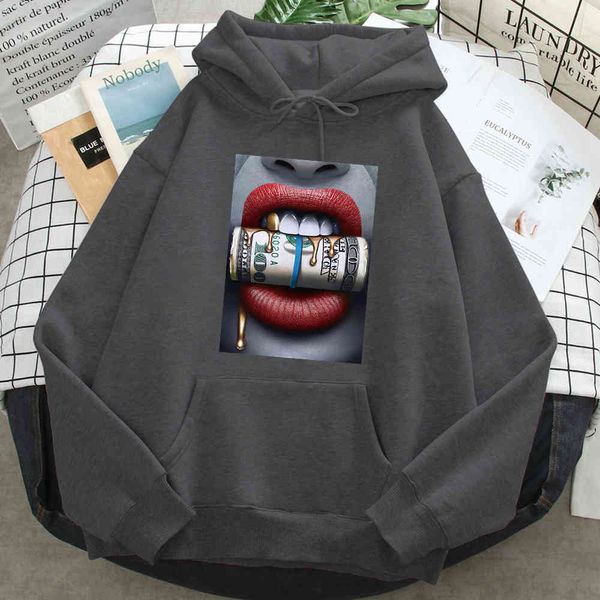

men's hoodie, red lipstick "bite money", men's long sv, harajuku style, bt punk cartoon lining, Black