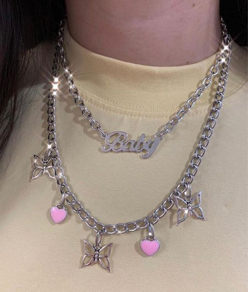 

pendant necklaces temperament minimalist metal butterfly peach heart harajuku letter baby choker for women girls fashion jewelry, Silver