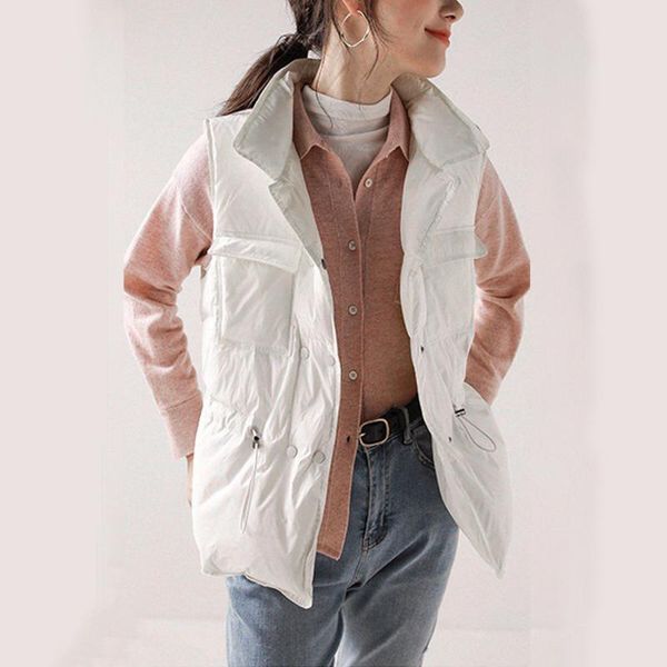 

women's vests women solid color style vest cotton padded winter sleeveless jacket with zipper stand collar casual coats #t3g, Black;white