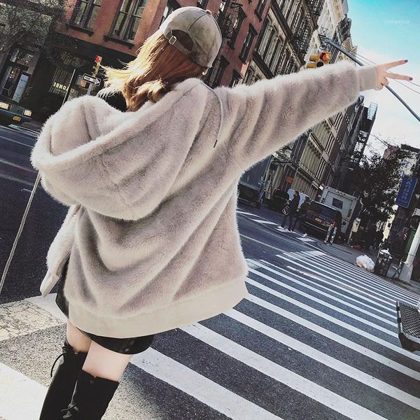 

women's fur & faux coat korean style mink-like wool mid-length loose thick hooded plus size cardigan winter women jacket, Black