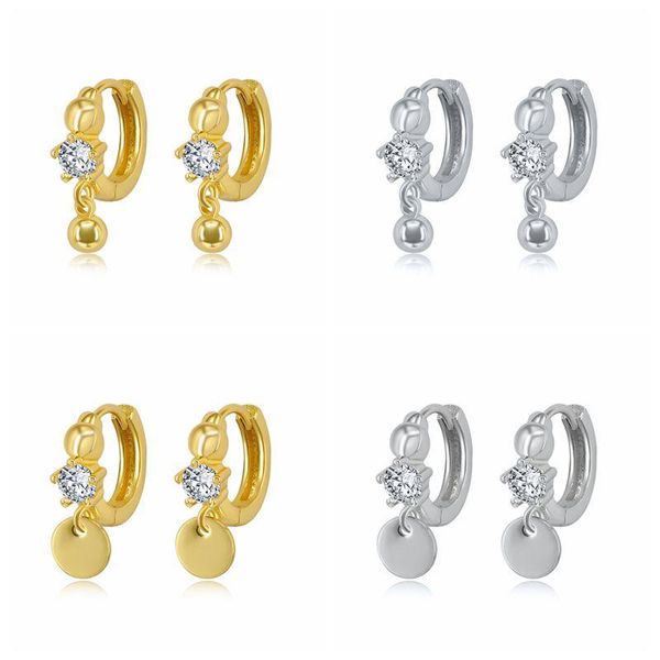

hoop & huggie 1 pair 925 sterling silver ear buckle earrings for women ball/sequins pendants hoops one zircon diamond jewelry a30, Golden;silver