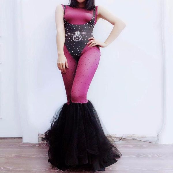 

women's jumpsuits & rompers women printing black purple rhinestones jumpsuit big leggings singer performance wear prom party clothes, Black;white