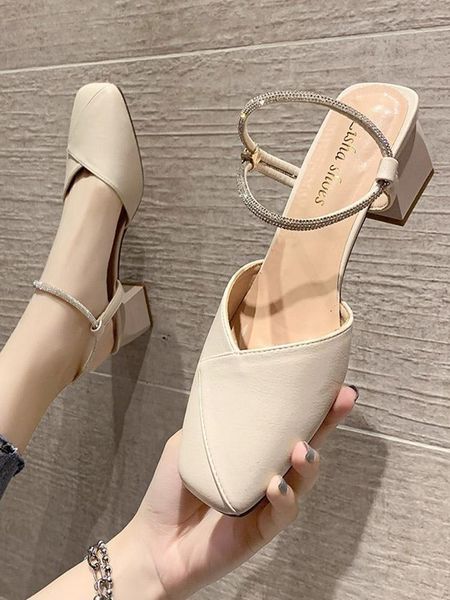 

sandals daily all-match large size baotou summer simple solid color ladies mid-heel, Black