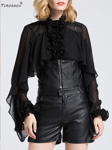 

heavy craftsmanship pleated zou ruffle collar button-shaped perspective loose ruffle shirt women's autumn new all-match, White