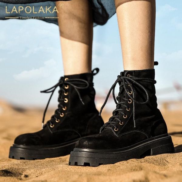 

boots lapolaka 2021 cow suede ankle ladies thick heels platform skidproof comfy ins shoes woman boots11, Black