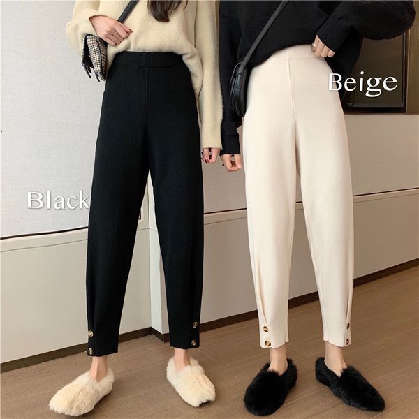 

2021 knitted women new fashion korean solid lace up stretch waist trousers casual loose wide leg pants femme xjpf, Black;white