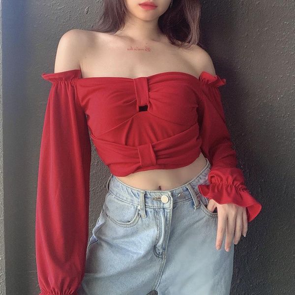 

women's t-shirt solid red slash neck women t shirt 2021 autumn lady flare long sleeve short length pleated off shoulder street slim top, White