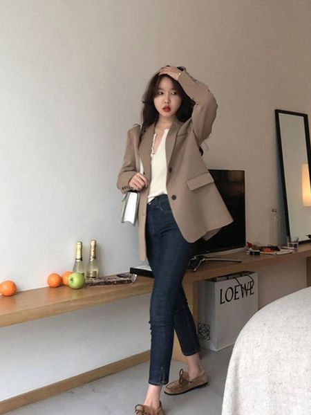 

2021 spring and autumn new korean casual blazer jacket women's mid long chic long sleeve suit fashion, White;black