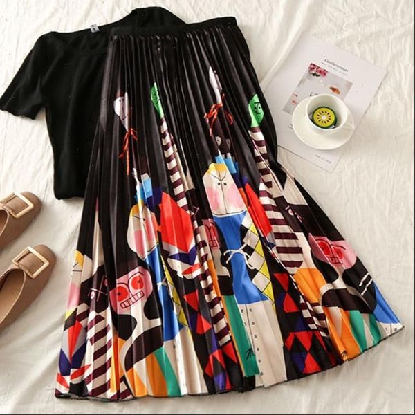 

summer pleated skirt cartoon fashion print black white sweet midi skirts womens girls 2021 jupe streetwear saias a line