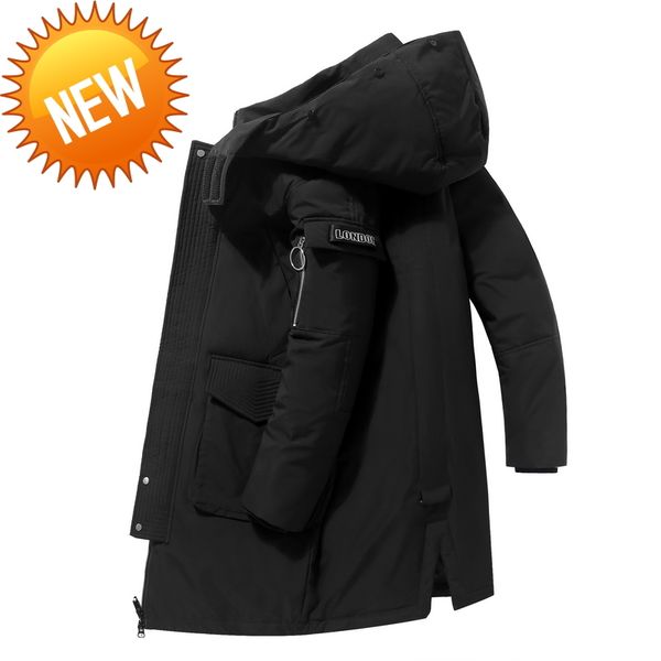 

new 2021 men's winter jacket fashion windproof long down camouflage thick warm 90% white duck coat outerwear, Black