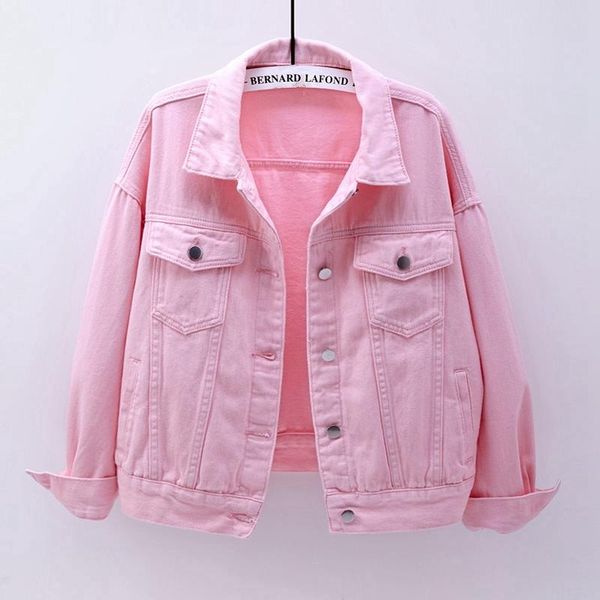 

pink yellow white black denim jacket women coat harajuku spring loose pocket short jeans jacket female casual student outerwear, Black;brown
