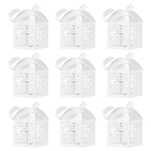 

50pcs hollow cross style wedding favor candy boxes gift boxes with ribbons (white)