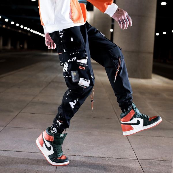 

men's pants streetwear sweatpants men women graffiti pattern printed punk joggers korean fashion sports trousers kpop harem, Black