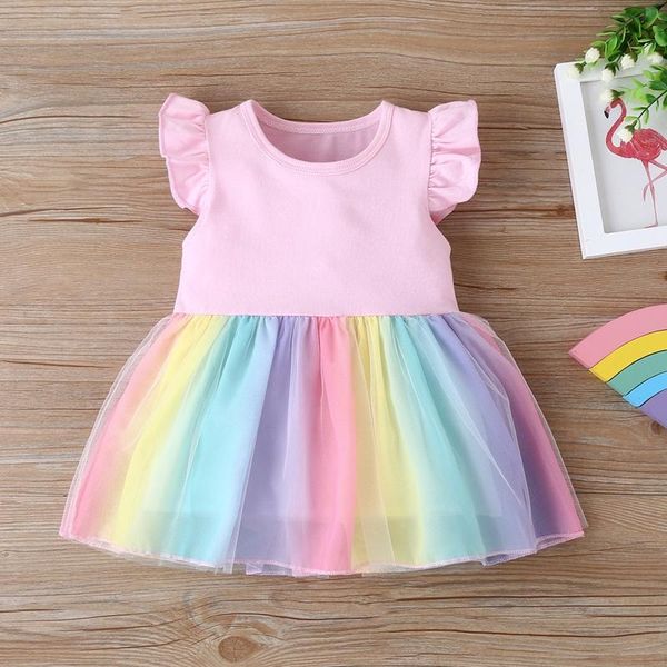 

girl's dresses summer tutu dress girl kids rainbow children party little clothes flying sleeve princess patchwork outfits, Red;yellow
