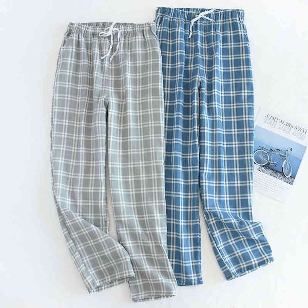 

men's cotton gauze trousers plaid knitted sleep mens pajamas pants bottoms sleepwear pajama short for men pijama hombre, Black;brown