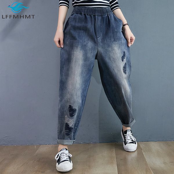 

2021 new winter fall fashion women embroidery elastic waist denim pant office lady casual female trendy streetwear ms1q, Blue