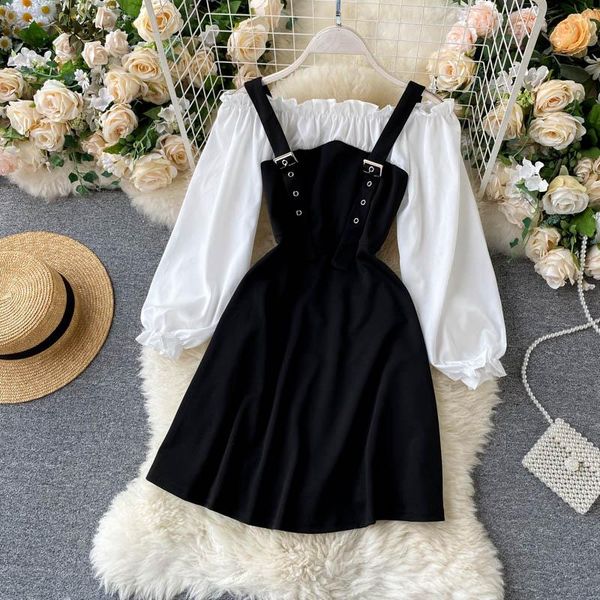 

casual dresses women shoulder off ol office lady y2k loose party dress fashion vintage patchwork vestidos clothes wear d545, Black;gray