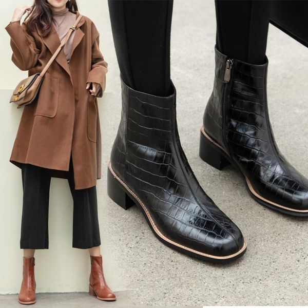 

boots 2021 autumn and winter round toe low heel women genuine leather ladies ankle square balck booties for, Black