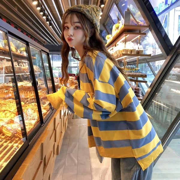 

striped hoodies women casual loose patchwork split polyester sweatshirts women o-neck long sleeve for spring 2021, Black