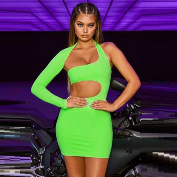 

casual dresses 2021 women fluorescent fgrenn rose red halter bandage dress mini club summer hollow out bodycon vestidos wholesale, Black;gray