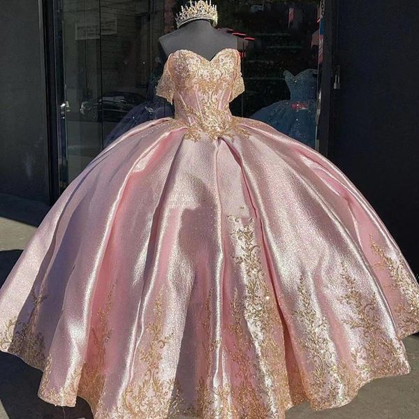 

pink quinceanera dresses with gold lace applique elegant off the shoulder satin sweet 16 birthday party ball gown custom made vestidos, Blue;red