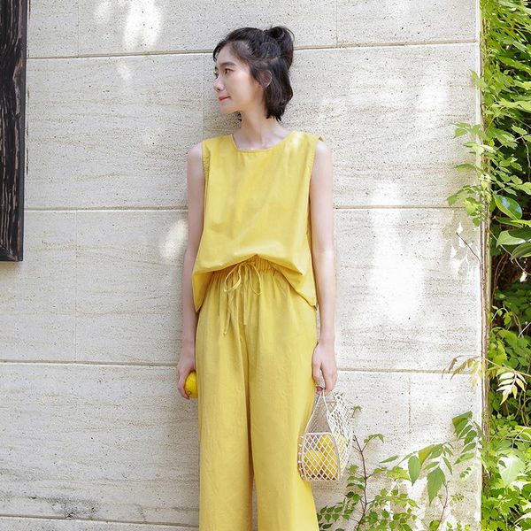 

summer sleeveless woman pants suits sleeveless tank +wide leg trousers twinset female cotton and linen yellow clothes set, Gray