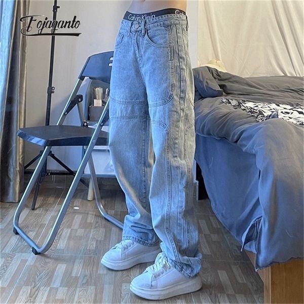 

fojaganto men's jean pants national retro straight wide-leg blue jeans loose casual couple high street denim male 220312