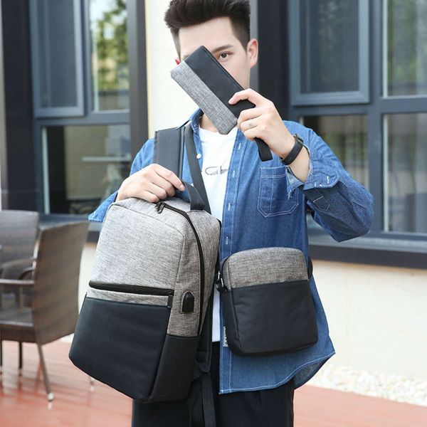 

hbp fashion usb charging men's backpack new high capacity 14 inch business computer bag three piece schoolbag