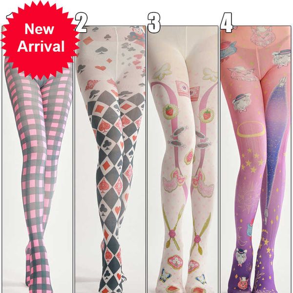 

harajuku tattoo pattern pantyhose female fashion stocking party pants for women pantyhoses lolita cute kawaii tightsmppj, Black;white