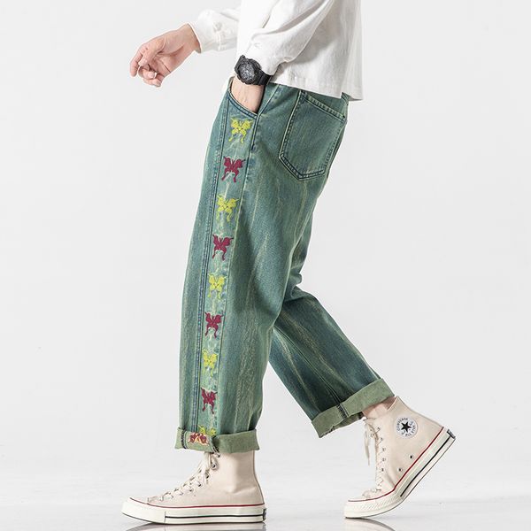 

2021 new autumn spring men's embroidered stretch jeans trendy hip hop streetwear punk straight denim trouers j8pl, Blue