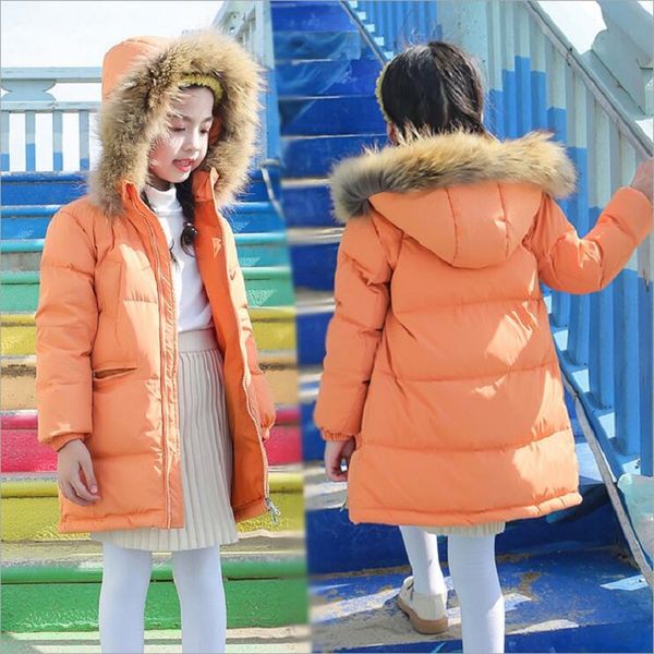 

3 to11years old winter fur collar down coat for childrens jacket hooded baby girls solid long thicken down jacket for girls, Blue;gray
