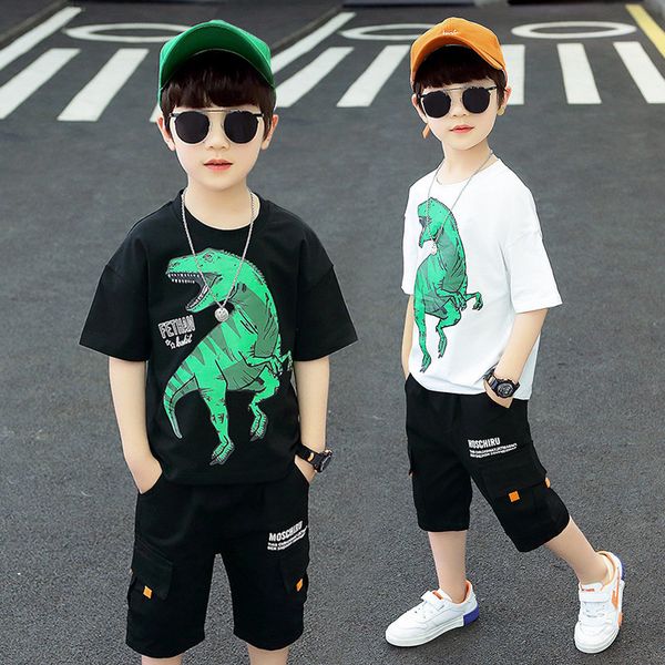 

2021 new mode boys set clothes for children cotton 2 piece t-shirt and short pants children's boy will see dinosaur suit 4-13y assembly, White